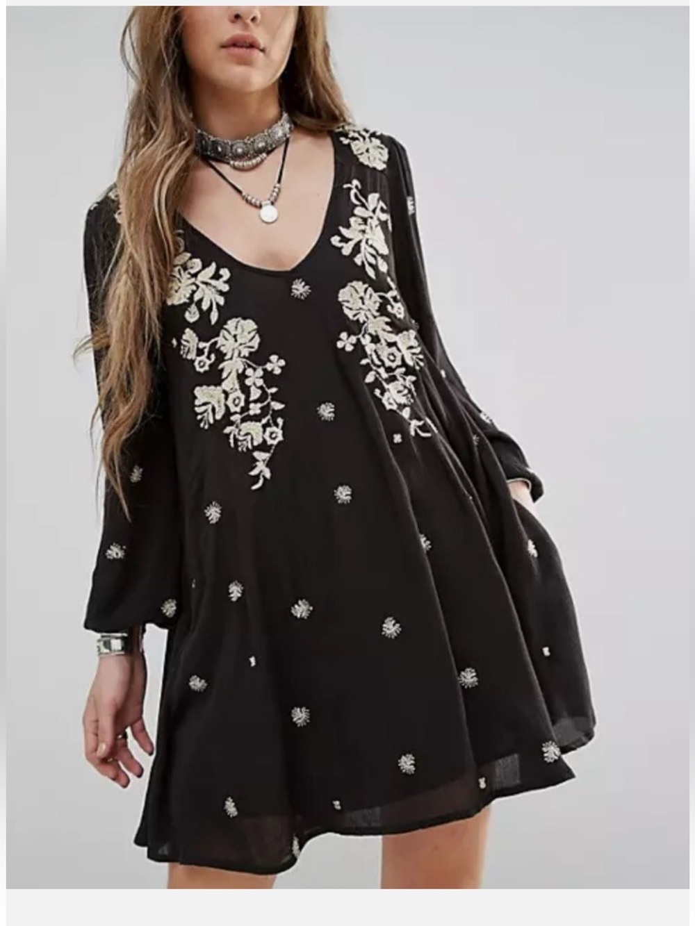 Black Embroidered V-Neck Swing Dress